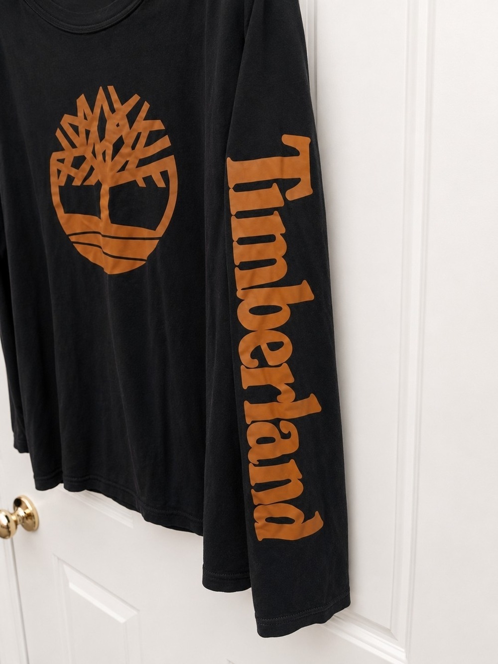 Timberland Black Long Sleeve Cotton Tee Orange Graphic Logo - Picture 4 of 5